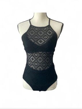 Aerie black one-piece swimsuit with diamond-shaped crochet cutouts
